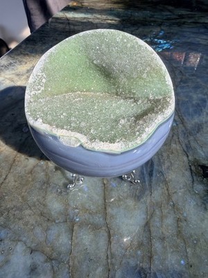 Druzy Green Rainbow Amethyst Sphere with Blue Agate Banding From Uruguay, 4.07''