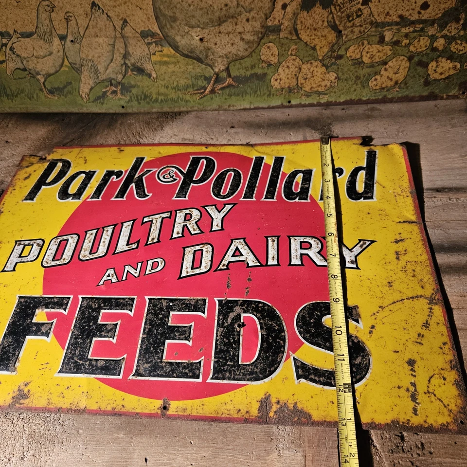 LETRERO DE HOJALATA VINTAGE DE PARK & POLLARD CO. ALIMENTOS PARA AVES DE CORRAL Y PRODUCTOS LÁCTEOS - ¡¡TODO ORIGINAL!!! Foto 4 de 4