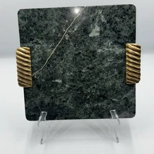 VTG MCM Georges Briard Green Marble Serving Tray Brass Handles Cutting Board