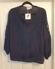 Ladies Navy top with sheer accents and embroidery by Jaune Rouge, Size L