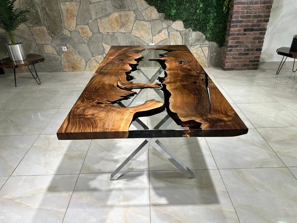 Live Edge Epoxy Waterfall Dining Table | 60" x 30" Dark Walnut Wood Resin Table - Image 2 of 4