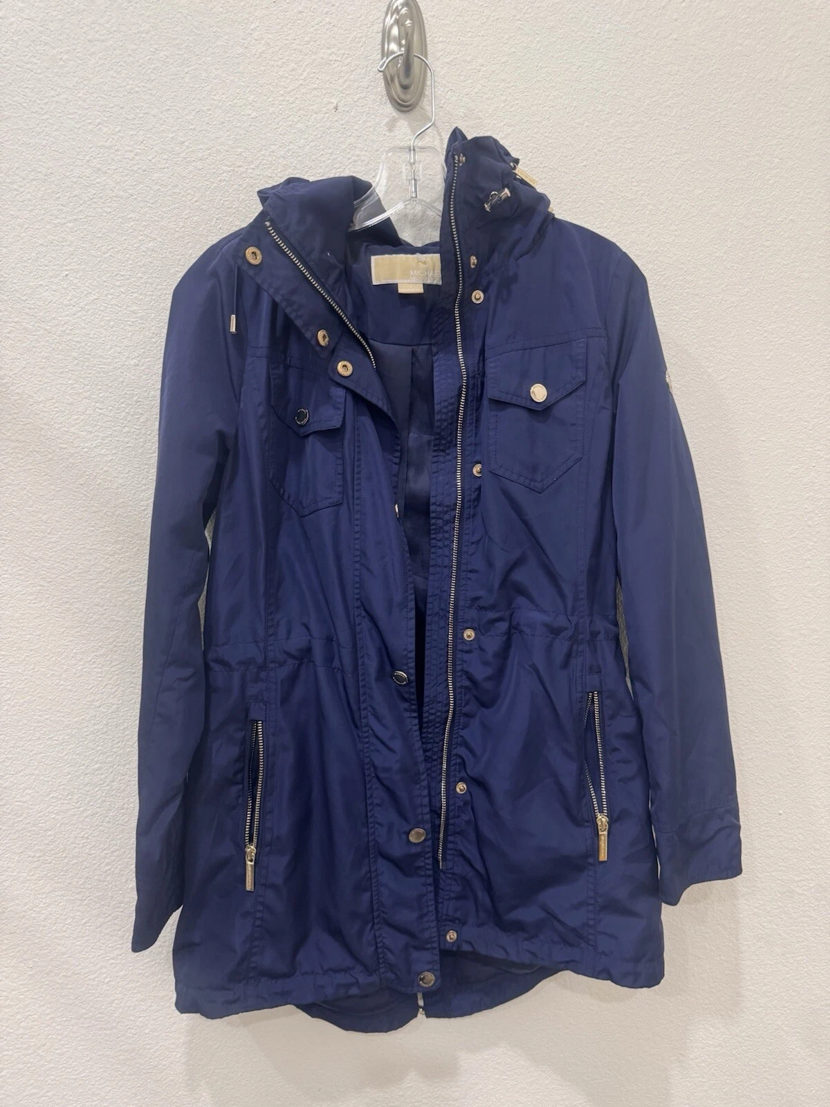 Giacca trench pioggia MICHAEL KORS donna XS blu navy con cappuccio accenti oro e cerniera