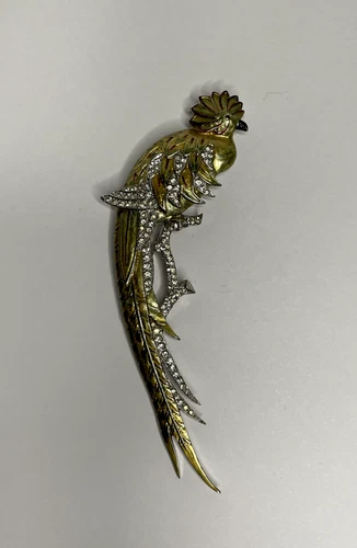 Vintage Unsigned Boucher Metallic Enamel Bird on Branch Pin  1940 - 5 Inches!!