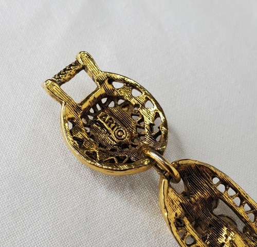 Vintage ART Arthur Pepper Gold Tone Bracelet Filigree Rhinestones Flowers Signed - Picture 3 of 12