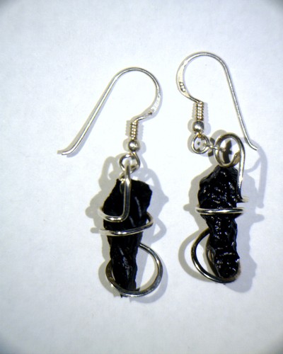 21.16ct Dark Green Tektite Shards in Forged Sterling Silver Wire Wrap Earrings - Picture 3 of 4