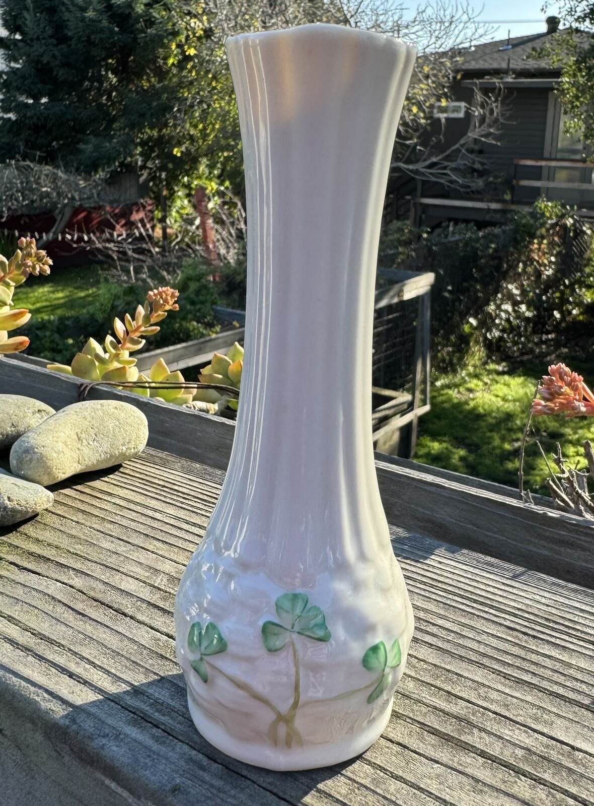 Small Belleek bud vase 5 3/8" Shamrock, basket weave green mark
