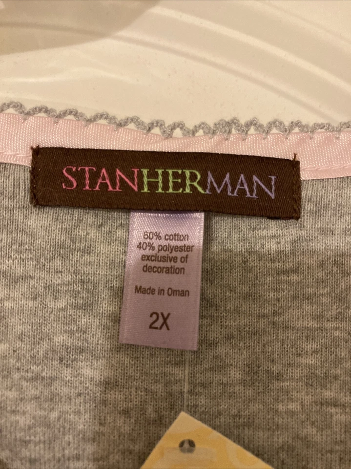 Stan Herman Brushed Knit Embroidered Pajama Top NWT 2X Light Gray - Image 2 of 4