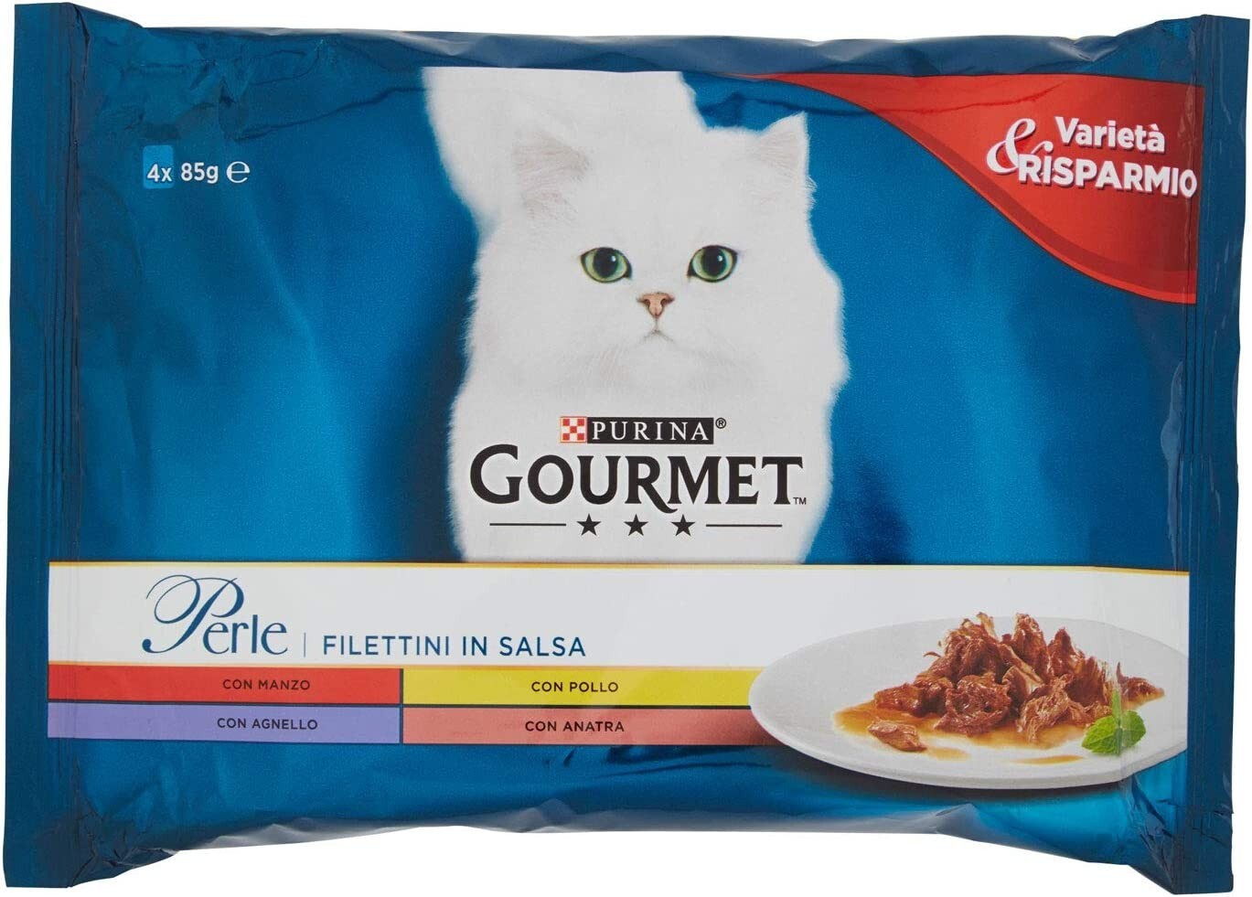 Purina Gourmet Perle Filettini in Salsa Cibo per Gatti con Manzo, Pollo, Agnello