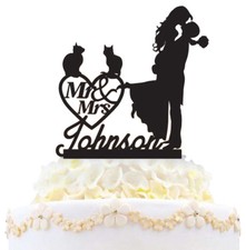 Personalized Family Wedding Cake Topper Groom Holding Bride with Cats Last Name