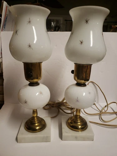 Vintage MCM Pair MILK Glass Bedside Lamps Gold Star Atomic Marble Base Globes