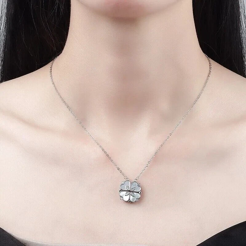 Collana Ciondolo Quadrifoglio o Quadro Cuore con Strass Smaltato Elegante Donna - Immagine 3 di 4