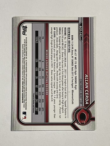2022 Bowman Cromo Allan Cerda 1er Bowman BCP-142 Cincinnati Rojos - Imagen 2 de 2