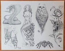 1982 VINTAGE Jack Rudy Traditional Tattoo Flash Sheet Girl, Mermaid, Snake