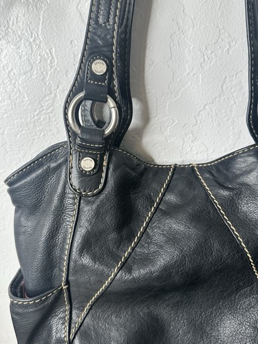 Tignanello Leather Tote Bag Women’s Black Shoulder Hobo Slouch Stitch Medium - Picture 23 of 24