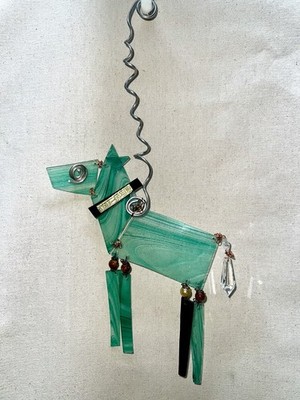 Large Dog Sun Catcher Fused Art Glass Modern Green Hanging 13X9   Best Friend 