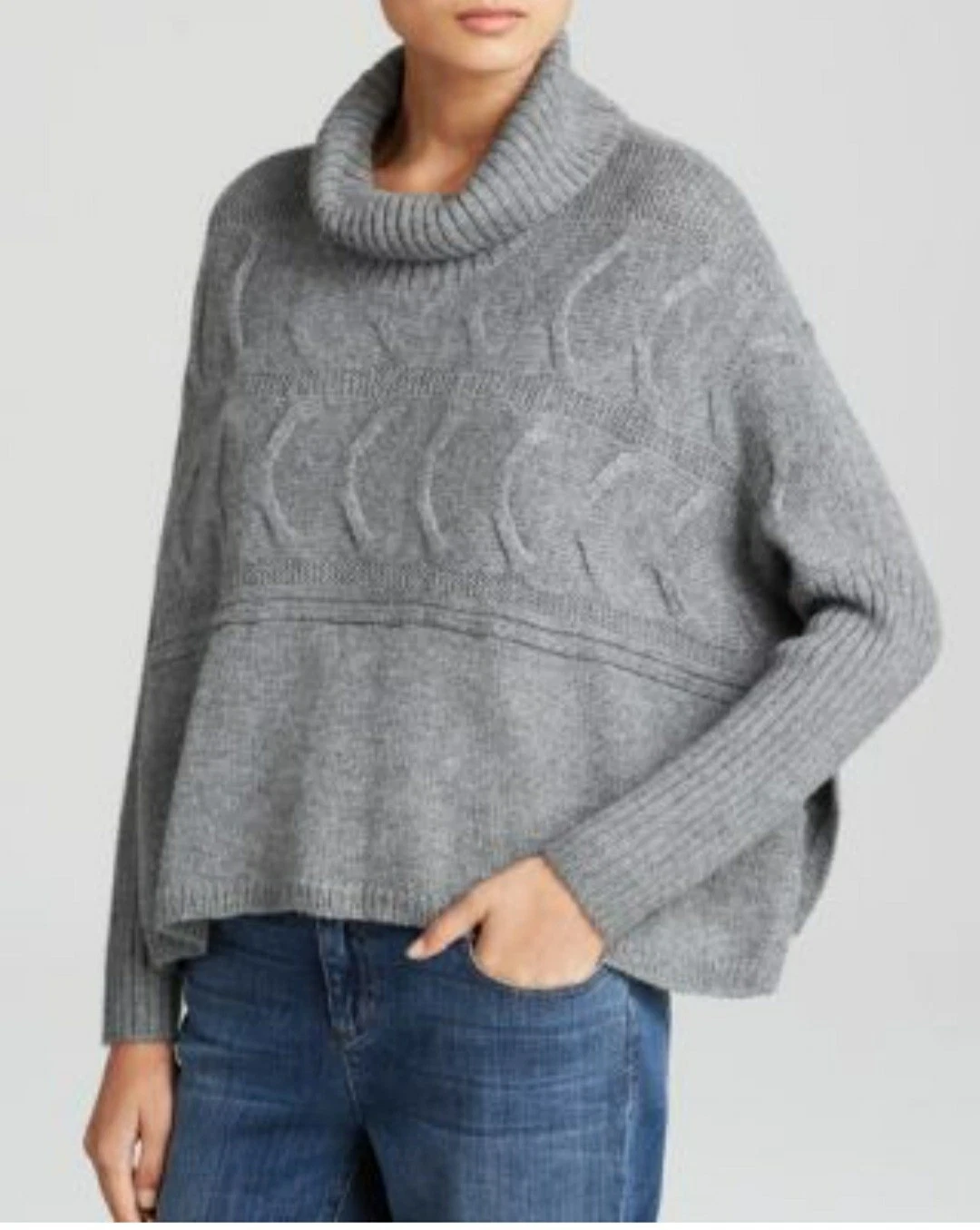 Eileen Fisher Petite S Sweater Gray Alpaca Silk Turtleneck Cable Knit Poncho