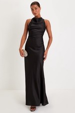 Lulus Effortlessly Sensational Black Satin Backless Maxi Dress Size M NWT