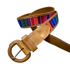 Guatemalan Leather and Fabric Belt Size L 33 Inches Colorful Cotton Boho