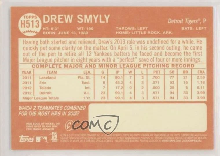 2013 Topps Heritage High Number Drew Smyly #H513 - Image 2 of 2