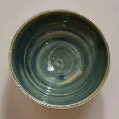 Handmade Studio Pottery Bowl Signed JK Glazed  w/Carved Leaf Foot Stoneware RARE