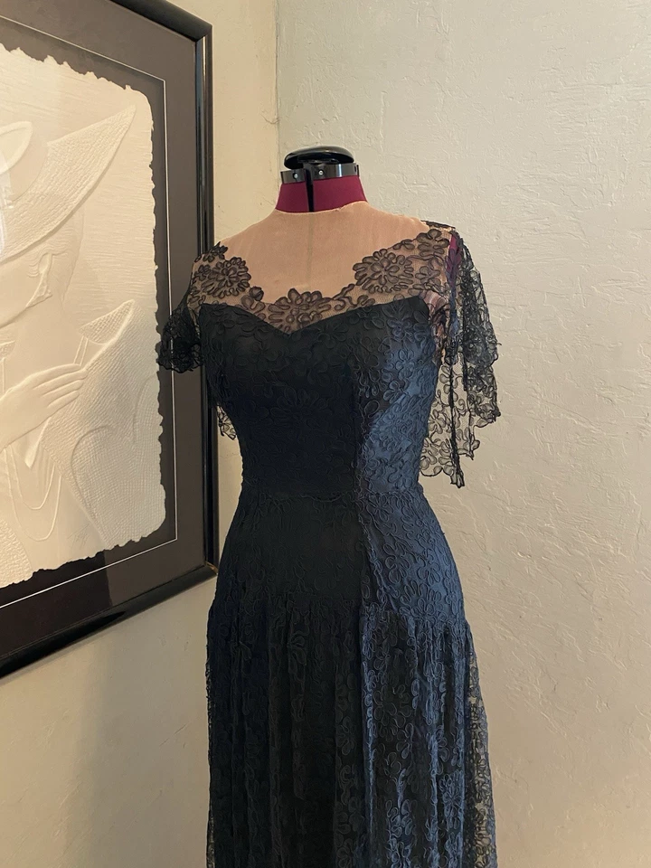 Vestido de Noche Vintage Años 40 Negro Satén + Encaje Desnudo Ilusión Pinup Rockabilly Glam Foto 4 de 4