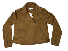 NWT Loft Womens Faux Suade Moto Jacket - Brown Asymentrical - Sz Small