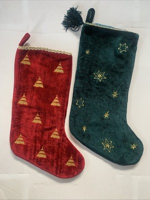 Lot Of Two Christmas Stockings Velvety Red & Green with Gold Embroidery