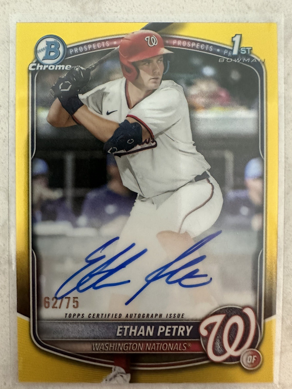 Ethan Petry 2025 Bowman Draft Chrome Auto Yellow Refractor 1st #/75 Nationals