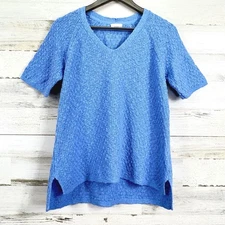 J Jill Blue Textured Knit V Neck Short Sleeve Tunic Sweater Womens Medium