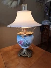 VTG 1890s Hand Painted Blue Floral Milk glass Hurricane Oil Lamp Base  Converted