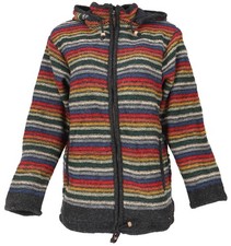 Kuschelige gefütterte Unisex Strickjacke, gestreifte Wolljacke, Nepaljacke - M