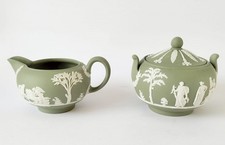 Wedgwood Green Jasperware Milk Jug and Sugar Bowl