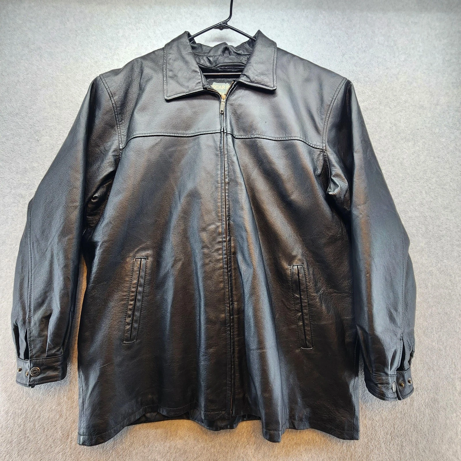 Oscar Piel Leather Jacket Mens 4XL Black Zip Front Car Coat Faux Fur Lined Warm