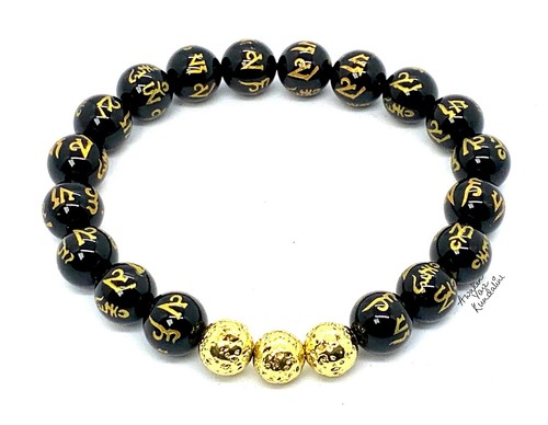 Bracciale Buddista Elastico Ossidiana Nera e Roccia Lavica con Mantra Inciso - - Foto 15 di 33