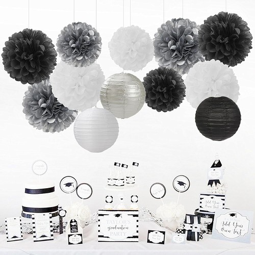 Black White Silver Party-Decorations Paper Flowers Lanterns - 15PCS Birthday ... - Picture 3 of 7