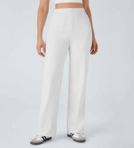 NEW HALARA SIZE XLP WHITE BUTTON HIGH WAIST POCKETS STRAIGHT LEG CASUAL PANTS