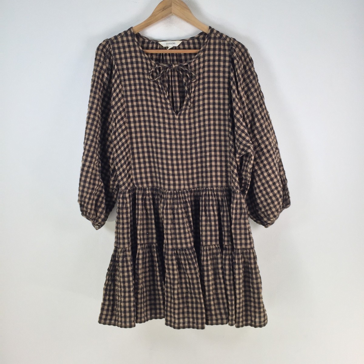 Glassons dress womens XS A-line smocked brown gingham check long sleeve  106507 | eBay Australia