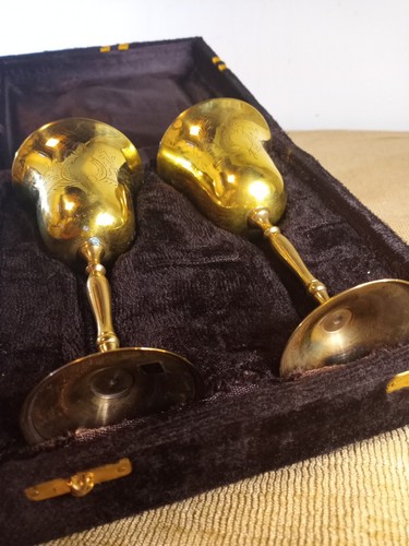 2 Silver Plate Brass Goblets with Purple Velvet Case Medieval Wedding, Ren Faire - Picture 2 of 10