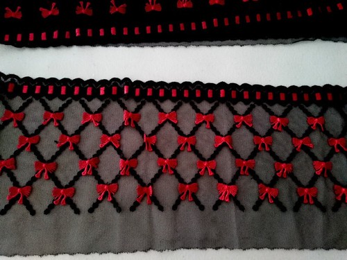 Tulle Dentelle Rouge Et Noir Avec Motif Floral Et Nœud - 100 Cm X 16 Cm, Pour Mariage Gothique, Décoration Ou Vêtement