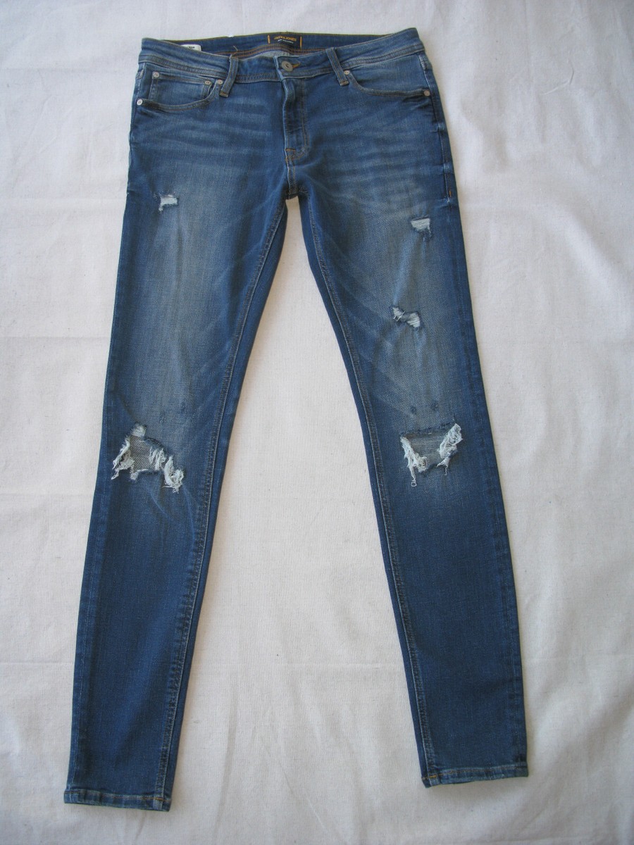 Jack and Jones Skinny Jeans Spray-on-Tom Men Sz 32 x 31 Blue Distressed  Stretch