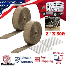 2 Rolls 2"x 50ft Thermal Header Pipe Tape Titanium Lava Exhaust Wrap 20 Ties Kit