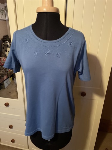 HONOR MILLBURN Blue Cotton Jersey Embroidered Ladies Short Sleeve T Shirt Size S