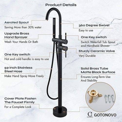Tub Filler Freestanding Bathtub Faucet Floor Mounted Bathroom with Hand Shower - Picture 17 of 132