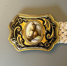Western Horse Head Buckle  Woven Belt Floral Scroll Cowgirl Rodeo Equestrian