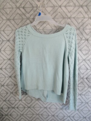 Loft Sweater Size M Blue Button Up Back Round Neck Long Sleeve High Low Hem