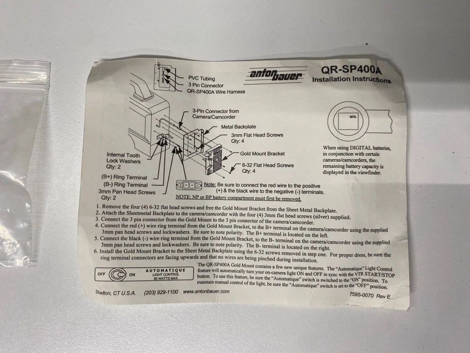 BRAND NEW Anton Bauer QR-SP400A Battery Mount Plate Kit - Image 3 of 4