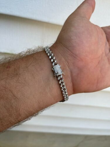 Real 925 Sterling Silver 6mm Iced Miami Cuban Bracelet Hip Hop Baguette CZ - Picture 7 of 14