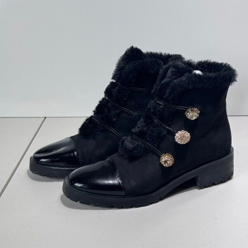 Nanette Lepore Black Faux Fur Cuff Ankle Boots Rhinestone Accents 9.5M - Picture 3 of 11