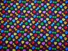 Puppy Dog Fabric By Half-Yard Valentine Hearts Bones Paw Prints on Black Cotton