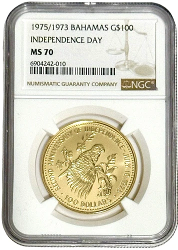 Top Pop 1975/73 Bahamas Gold $100 Parrot Independence 0.2894 oz Coin NGC MS 70